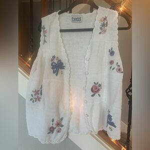 Vintage Teddi Floral Embroidered White Knit Vest